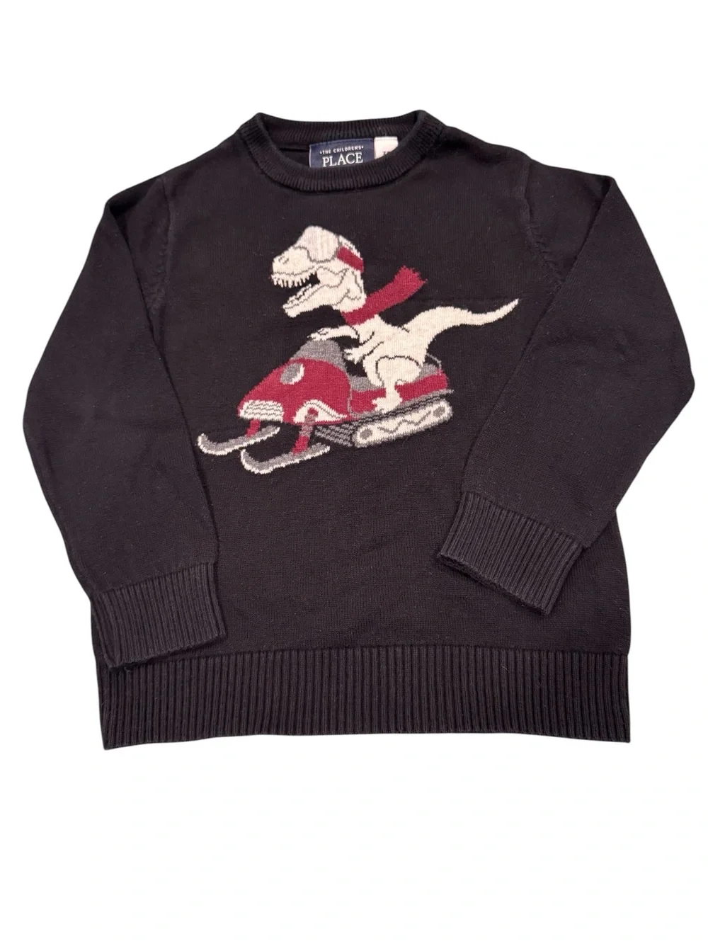 The Children's Place Black Crewneck Sweater with Dino Sled Graphic